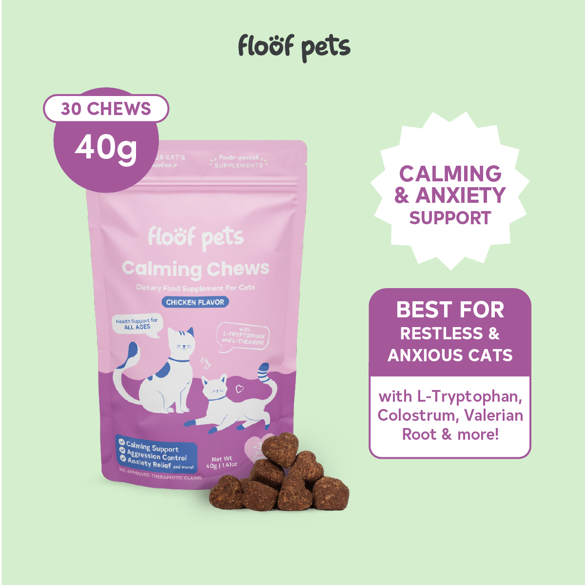 Image showcasing Floof Pets Cat Calming Bites 30 Chews (39g) Treat Snack Supplements fo