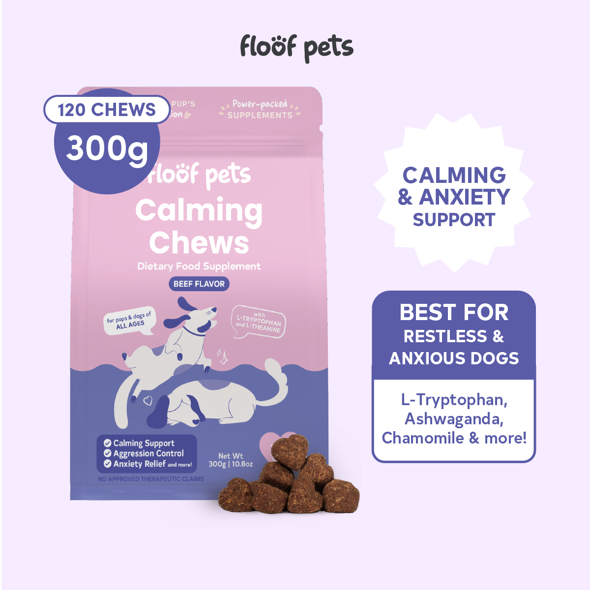 Floof Pets Dog Calming Bites 120 Chews (300g) Treat Snack Supplements for Stress & Anxiety Relief