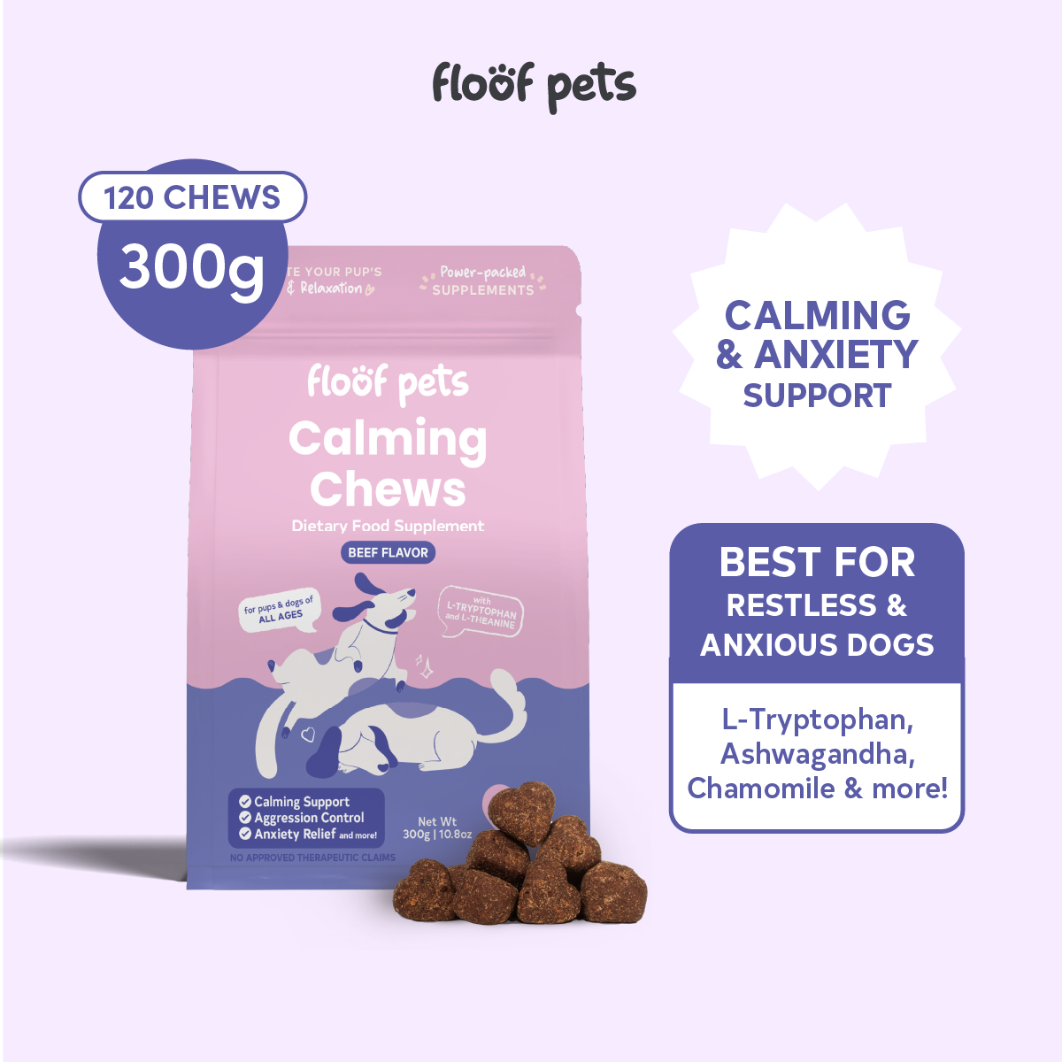Floof Pets Dog Calming Bites Treat Snack Supplements for Stress & Anxiety Relief