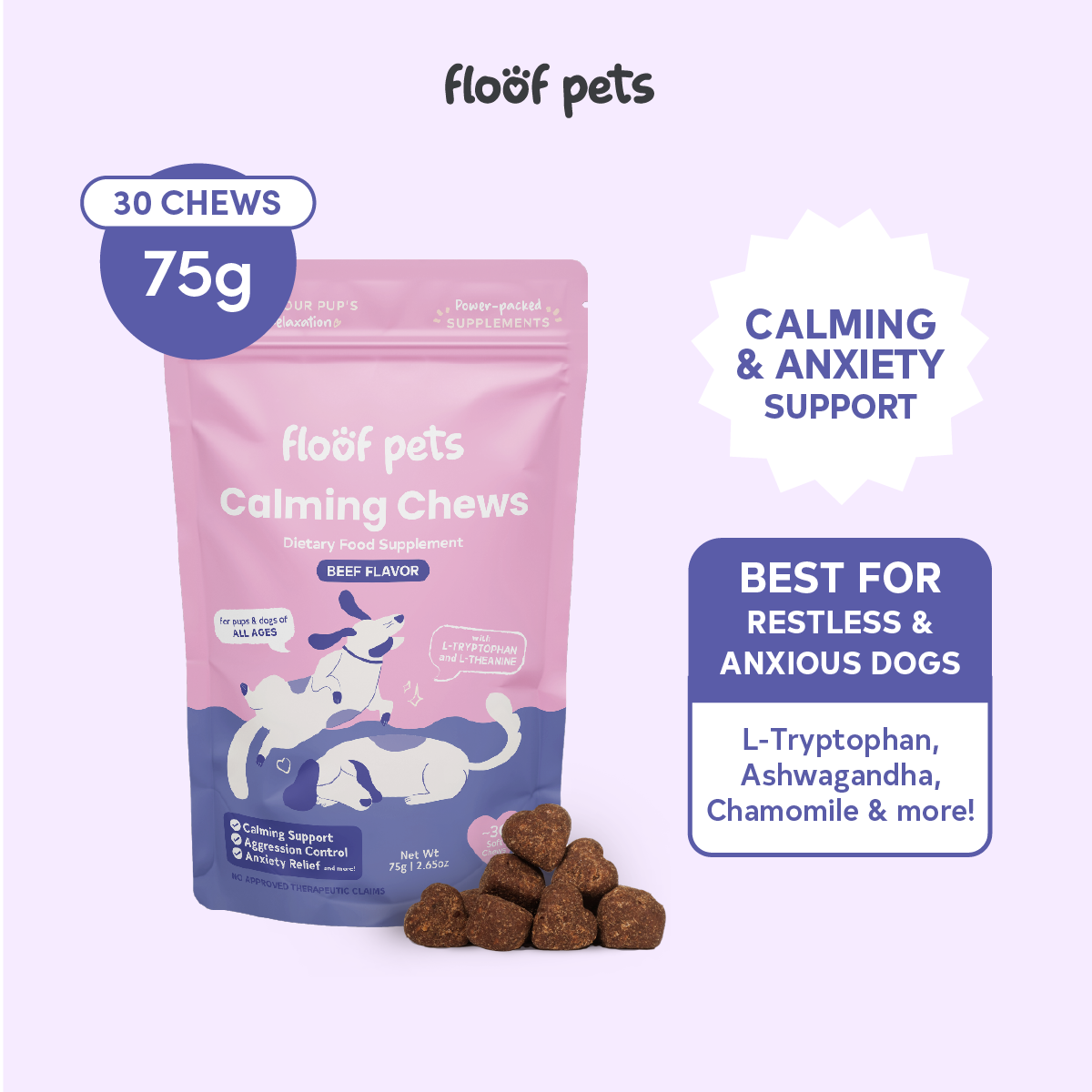 Floof Pets Dog Calming Bites Treat Snack Supplements for Stress & Anxiety Relief