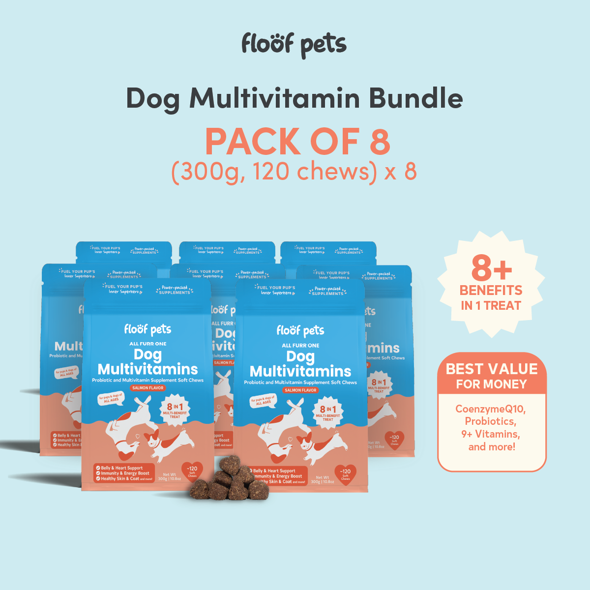 Floof Pets 8-in-1 Dog Multivitamins Pet Supplement Treat Snacks for Complete Health