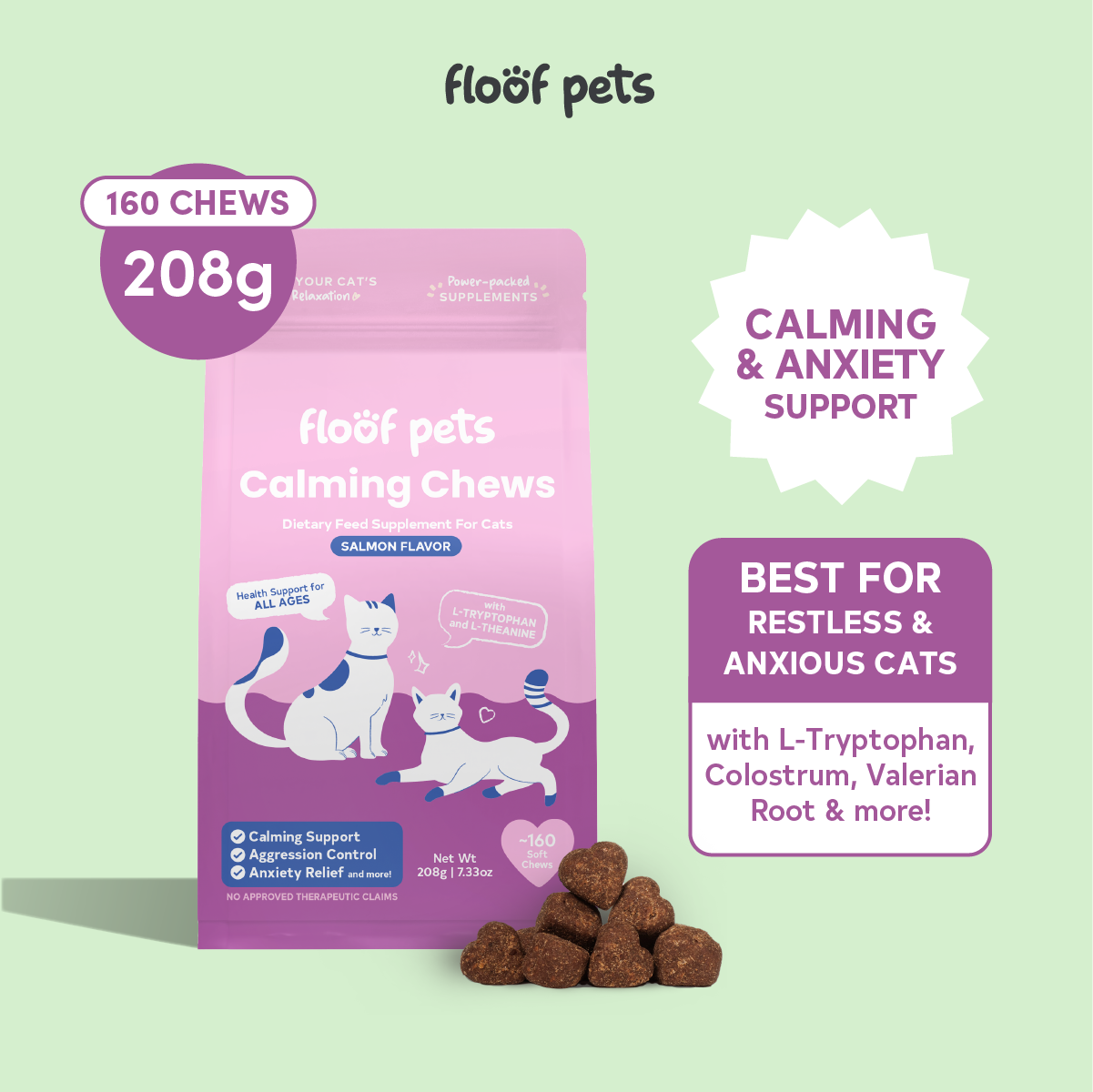 Floof Pets Cat Calming Bites Treat Snack Supplements for Stress & Anxiety Relief