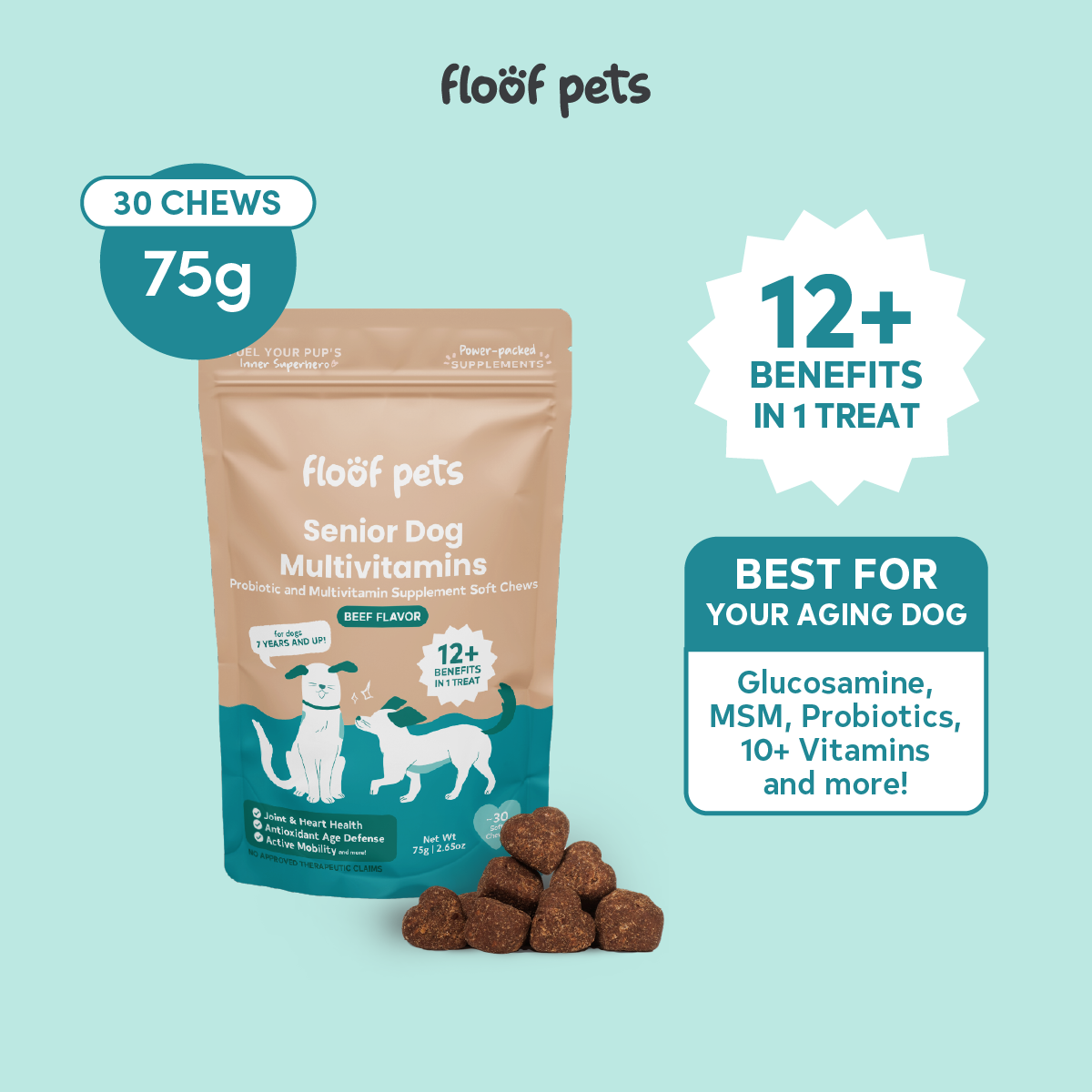 Floof Pets 12-in-1 Senior Dog Multivitamins Healthy Treat Snacks for Aging Dogs