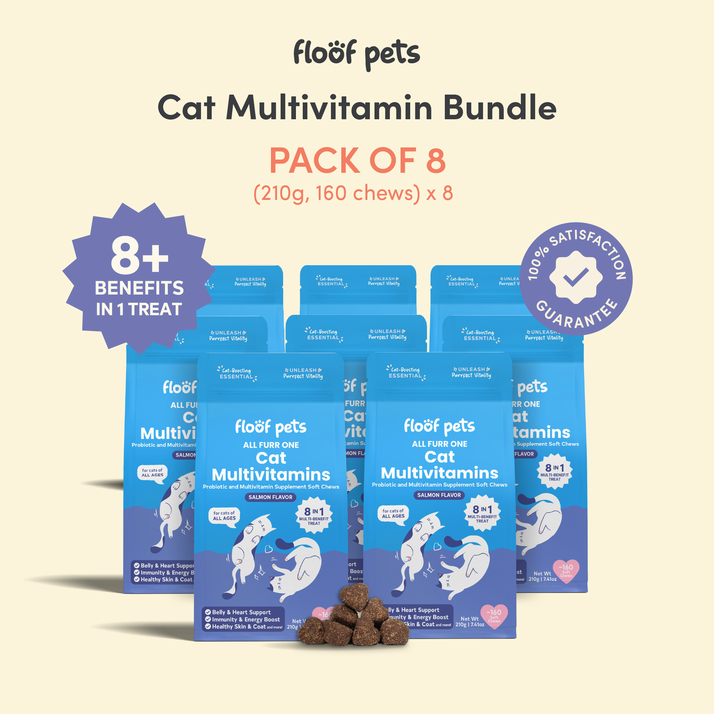 Floof Pets 8-in-1 Cat Multivitamins Pet Supplement Treat Snacks for Complete Health