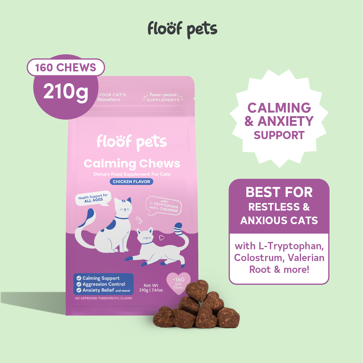 Floof Pets Cat Calming Bites 160 Chews (210g) Treat Snack Supplements for Stress & Anxiety Relief