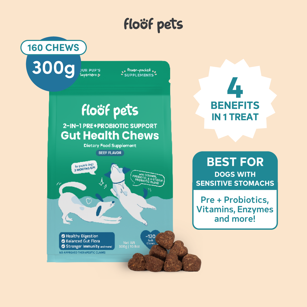 Floof Pets 2-in-1 Pre+Probiotic Support Gut Health 120 Chews (300g) Treat Snack Supplement to Strengthen Digestion & Overall Gut Health