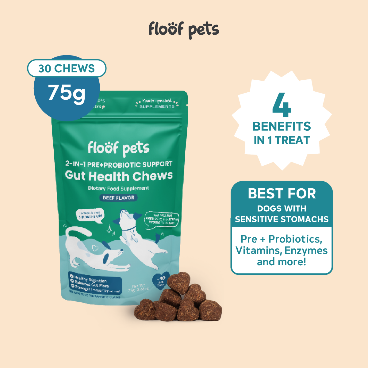 Floof Pets 2-in-1 Pre+Probiotic Support Gut Health 30 Chews (75g)  Treat Snack Supplement to Strengthen Digestion & Overall Gut Health