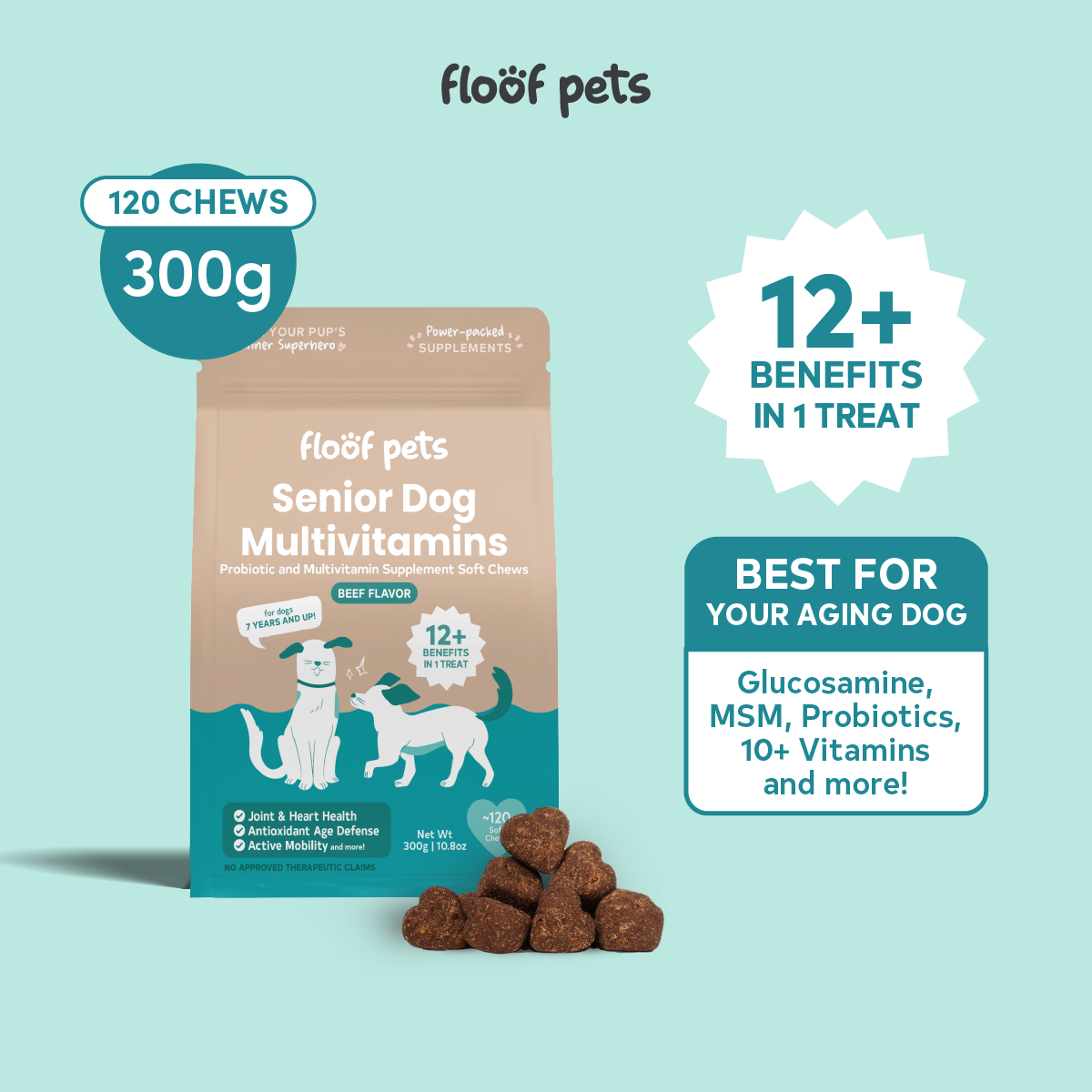Floof Pets 12-in-1 Senior Dog Multivitamins Healthy Treat Snacks for Aging Dogs