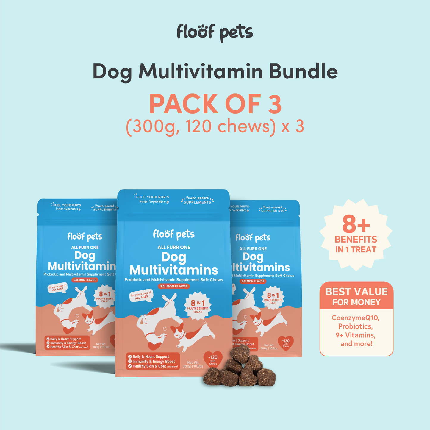 Floof Pets 8-in-1 Dog Multivitamins Pet Supplement Treat Snacks for Complete Health