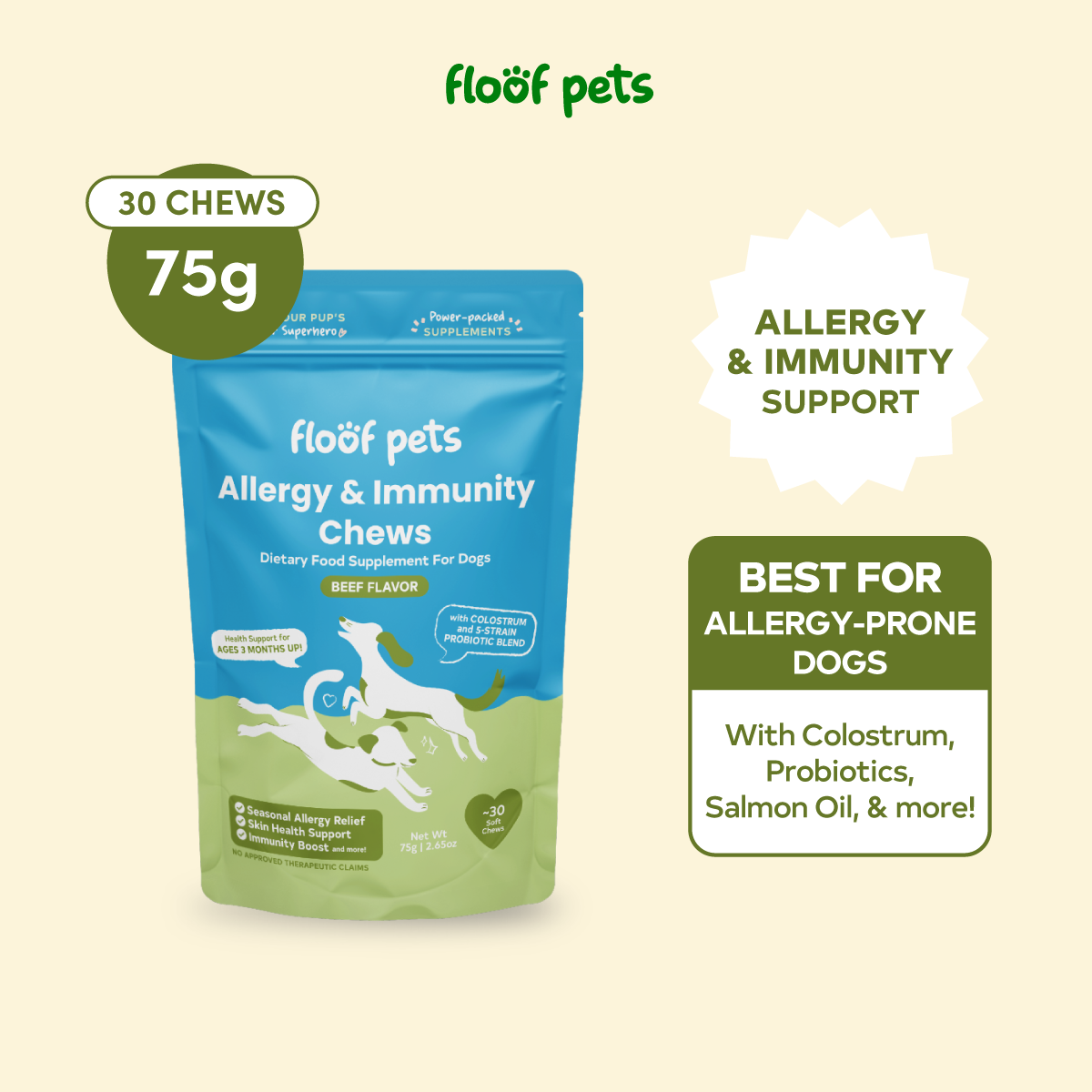 Floof Pets 4-in-1 Allergy & Immunity Treat Snack Supplements for Allergies and Immunity Relief